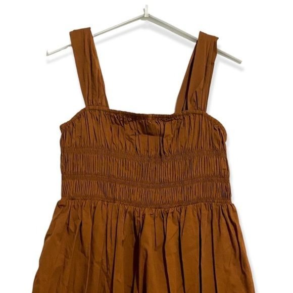 NWT Staud Ida Smocked Cotton Midi Dress, Color Tan, Size L - Picture 12 of 13